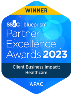 Winner Logo. Winner: BluePrism Excellence Awards 2023 - Client Business Impact - Healthcare. APAC.