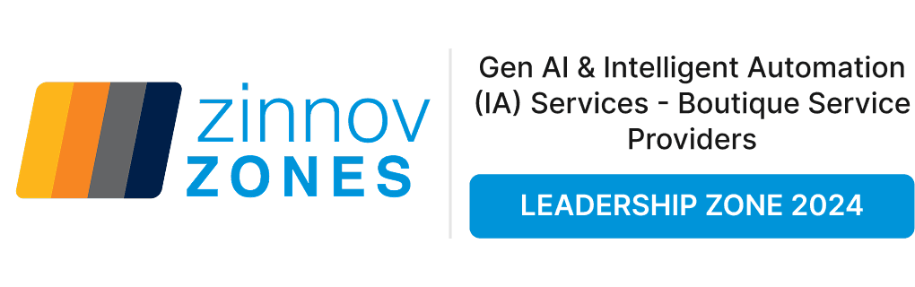 Zinnov Zones logo on the left. On the right, there is a text that says Gen AI & Intelligent Automation (IA) Services - Boutique Service Providers. Underneath that text is a rounded box highlighted in blue that says Leadership Zone 2024