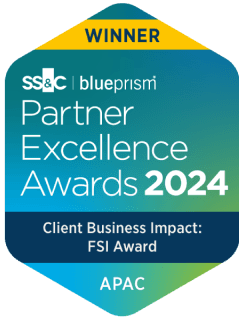 Winner Logo. Winner: BluePrism Excellence Awards 2024 - Client Business Impact - FSI Award. APAC.